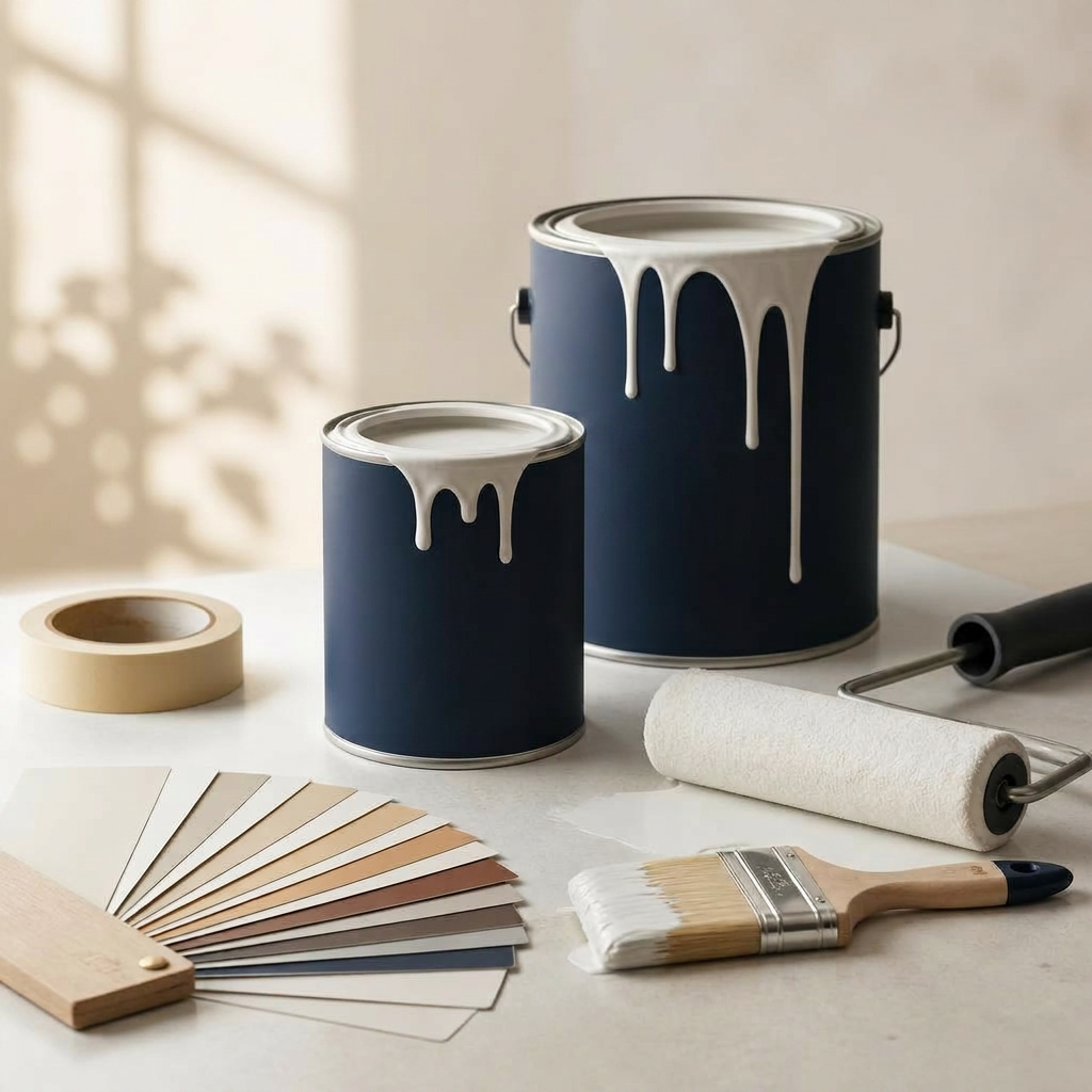 Premium paint cans, brushes, roller, painter's tape, and color swatch fan arranged on a clean surface