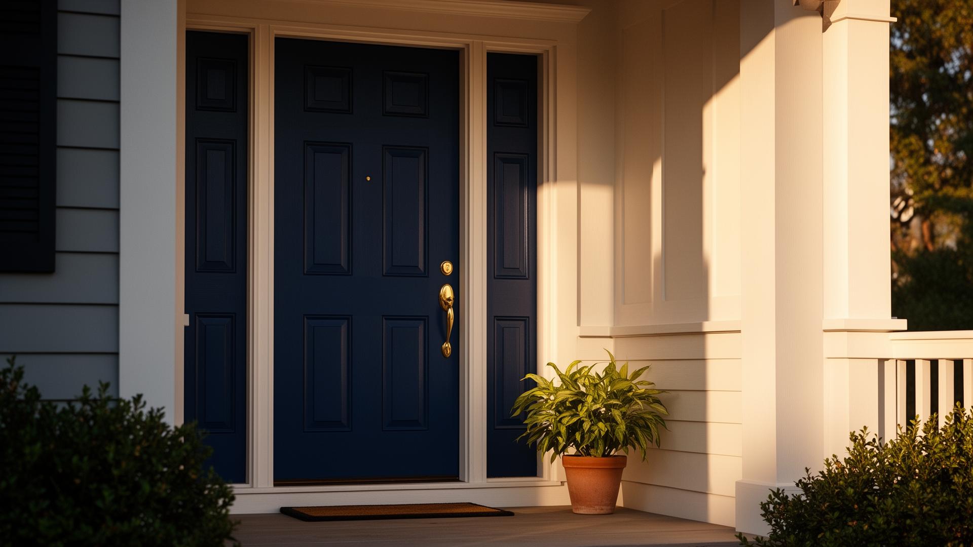 Freshly painted navy front door with brass handle on a welcoming residential porch